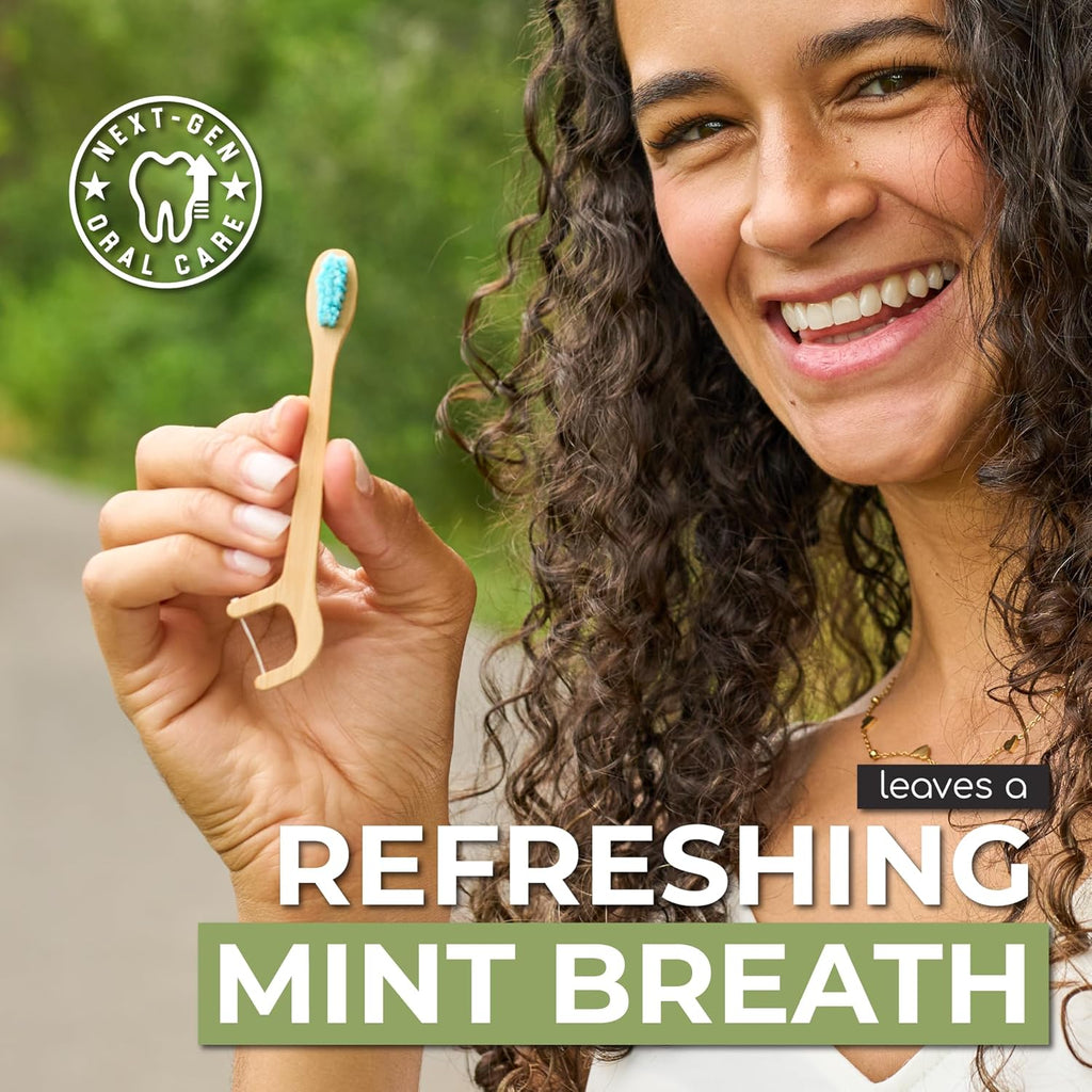 Brushee - 12 Pack Bamboo Toothbrushes Kit - 3-in-1 Travel Toothbrush with Flosser - Soft Eco-Friendly Disposable Toothbrushes with Toothpaste Fresh Mint Flavored - Individually Wrapped for Travel