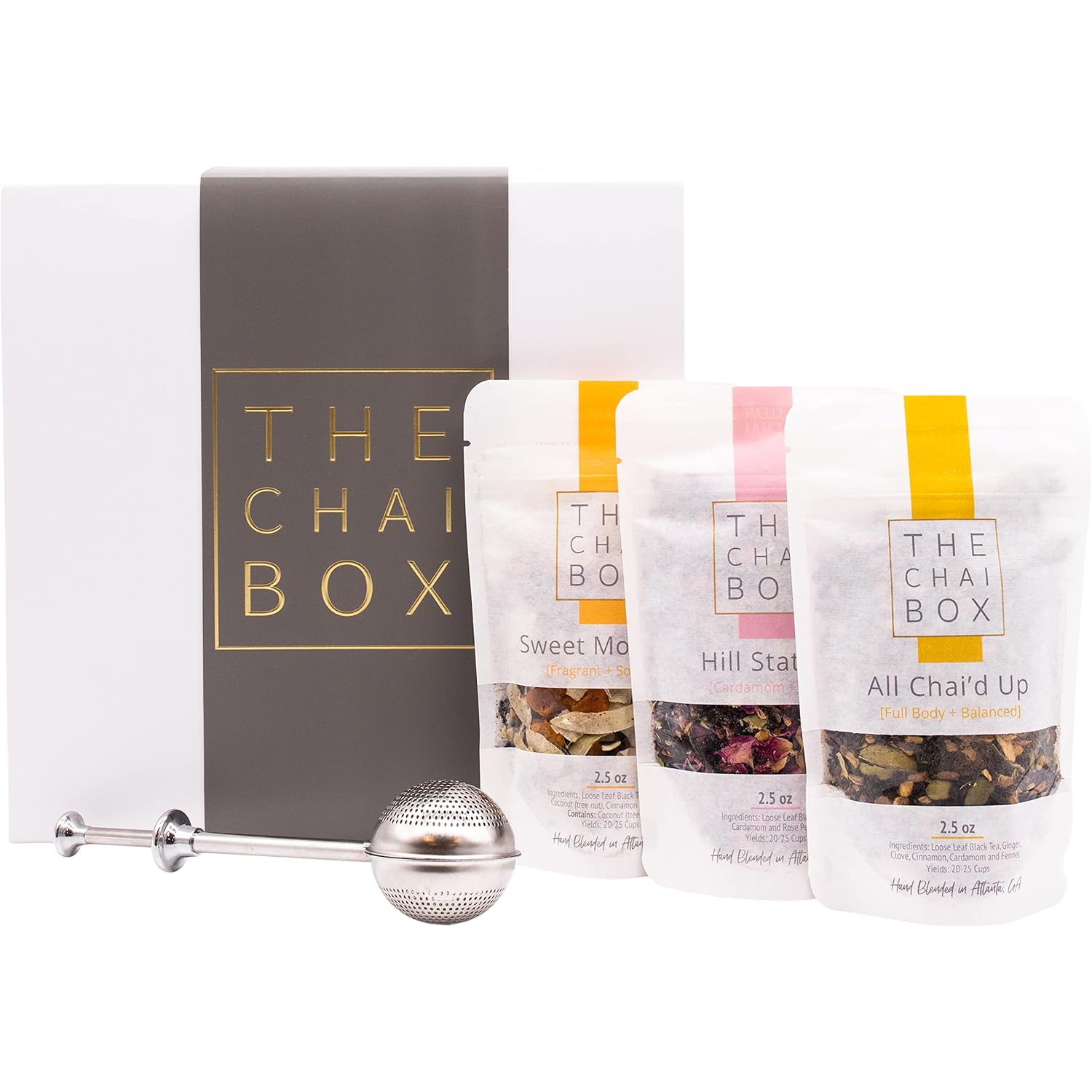 The Chai Box Top Selling Loose Leaf Tea Gift Set - Featured in Oprah's Favorite Things | 3-Flavor Caffeinated Chai Tea Gift Box with Stainless Steel Steeper (3 Pack) | Small Batch Loose Leaf Tea with Whole, Premium Spices