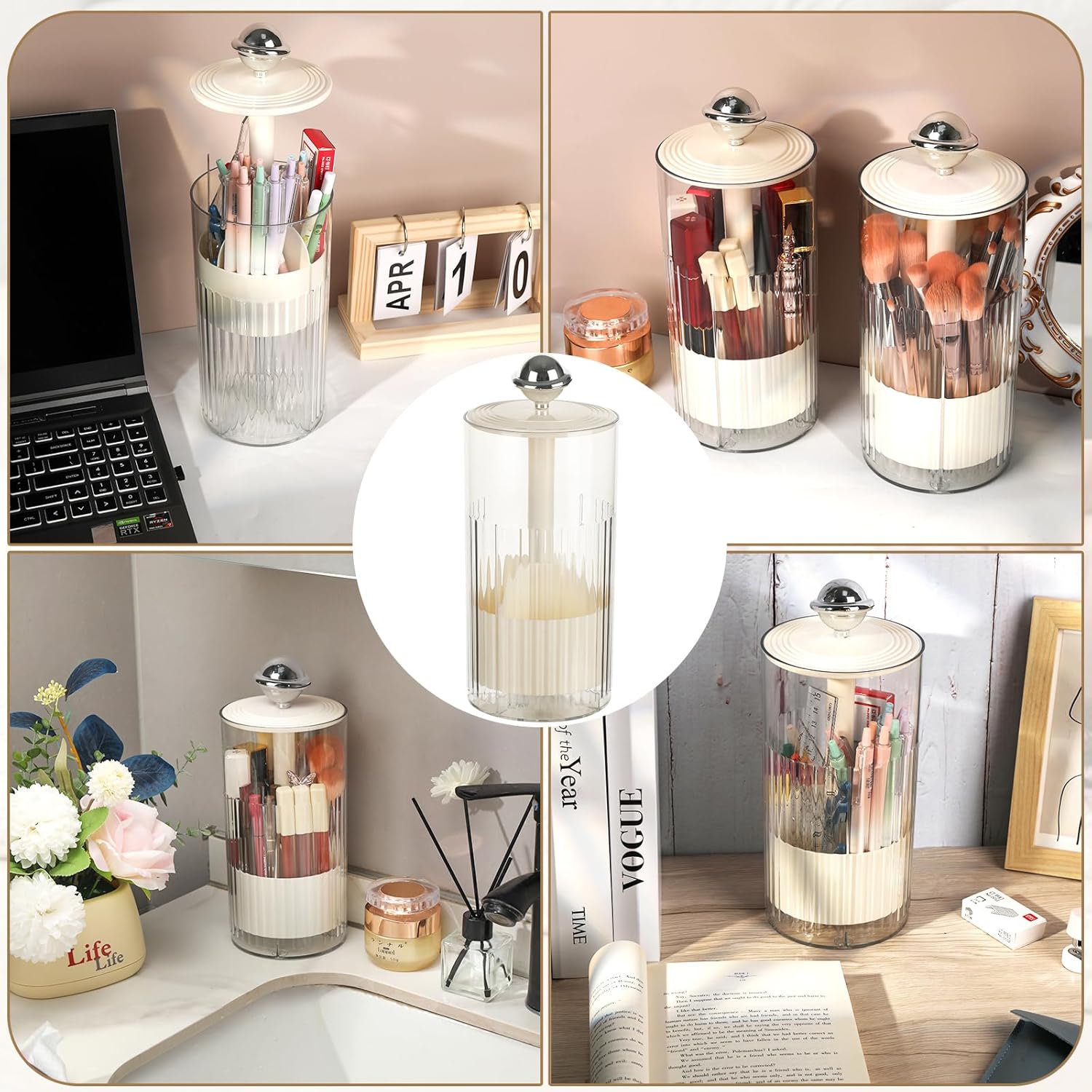 2 Pack Makeup Brush Holder with Lid Automatic Lifting Makeup Brush Organizer with Lid Dustproof & Waterproof 4-Compartment Clear Makeup Organizer for Vanity,Office,School,Dorm Room,Silver+Silver