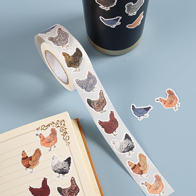 1000PCS Chicken Stickers Roll for Kids, 2 Rolls 10 Styles Cute Hen and Farm Stickers, Waterproof Vinyl Decals for Water Bottles Laptops Scrapbooking Party Favors Classroom Rewards