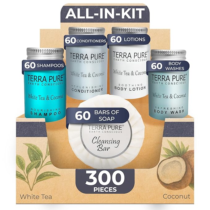 Terra Pure White Tea & Coconut Toiletries Set | 1-Shoppe Amenities Kit | 1oz Shampoo & Conditioner, Body Wash, Lotion, 1.25oz Bar Soap | Travel Size | 300 Pieces