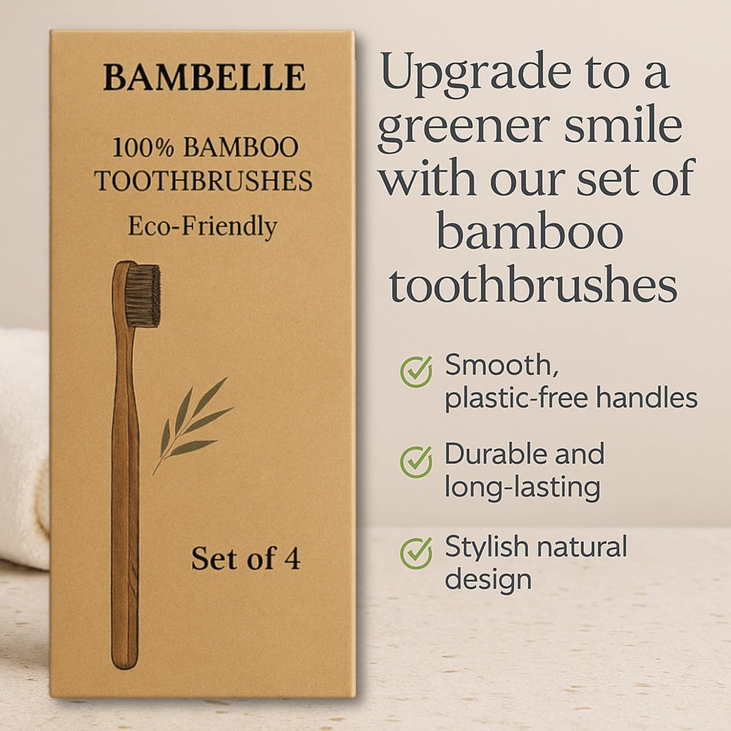 Bamboo Toothbrushes, 4-Pack Soft Bristle, Eco-Friendly, Biodegradable, Natural Wooden, Plastic-Free