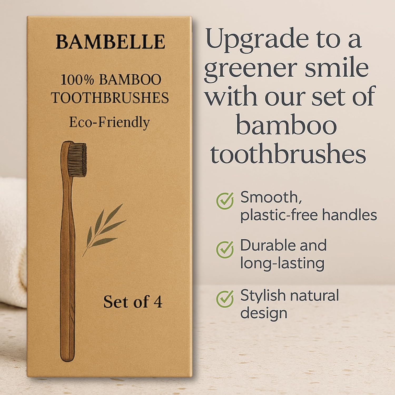 Bamboo Toothbrushes, 4-Pack Soft Bristle, Eco-Friendly, Biodegradable, Natural Wooden, Plastic-Free