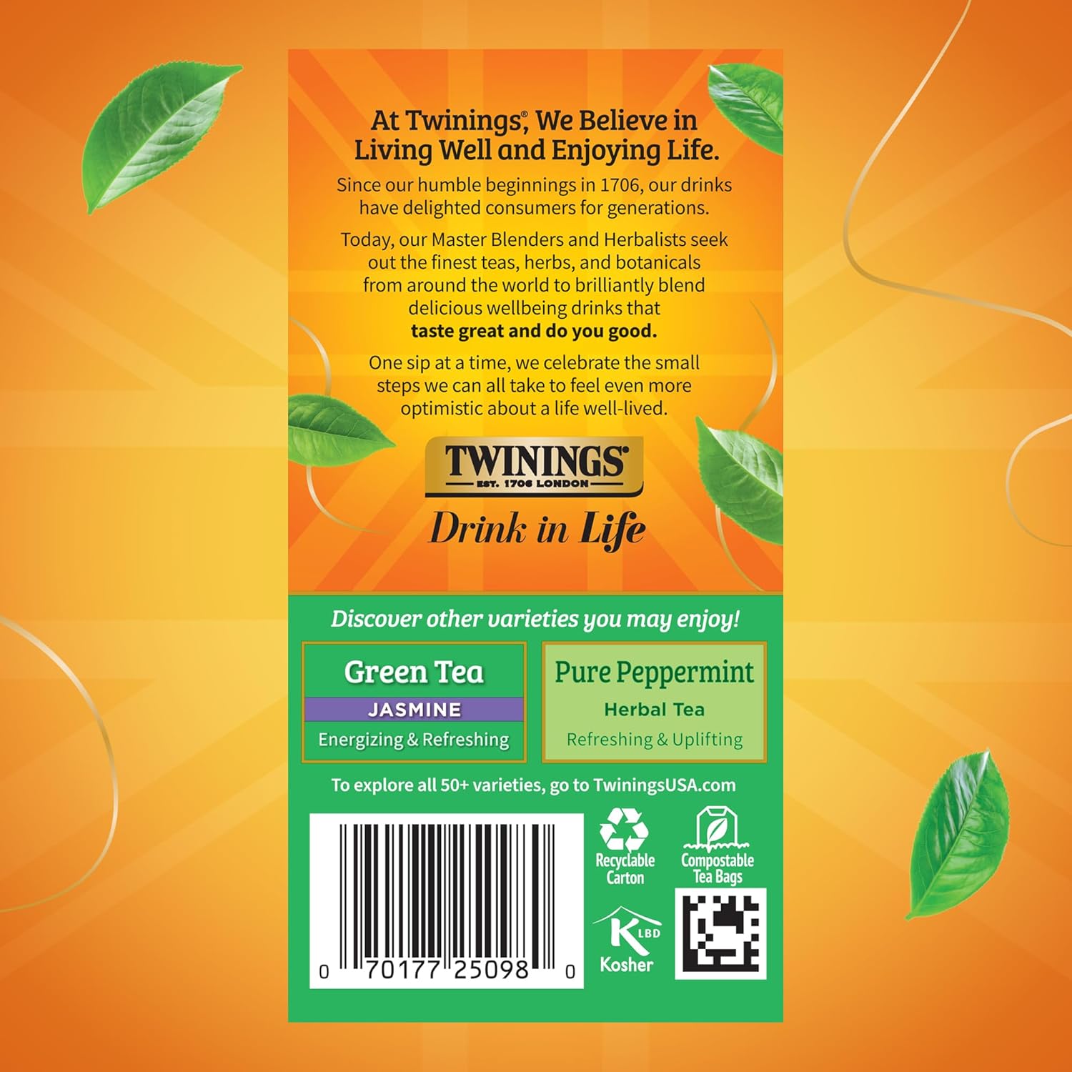 Twinings Green Tea with Mint Individually Wrapped Bags, 20 Count (Pack of 6), Invigorating Aroma, Caffeinated, Enjoy Hot or Iced, 120 Teabags