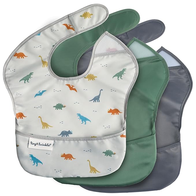 Tiny Twinkle Mess-Proof Baby Bibs for Eating | Waterproof, Wipeable Toddler Bibs with Catch-All Pocket | Feeding Bibs for Girls & Boys(3 Pack,Dinosaur Set)