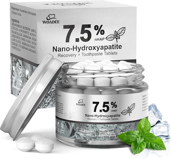 Woadee 7.5% Nano Hydroxyapatite Toothpaste Tablets - Remineralizing Enamel Repair, Fluoride-Free Whitening, Mint Fresh Travel Tabs (62 Count)