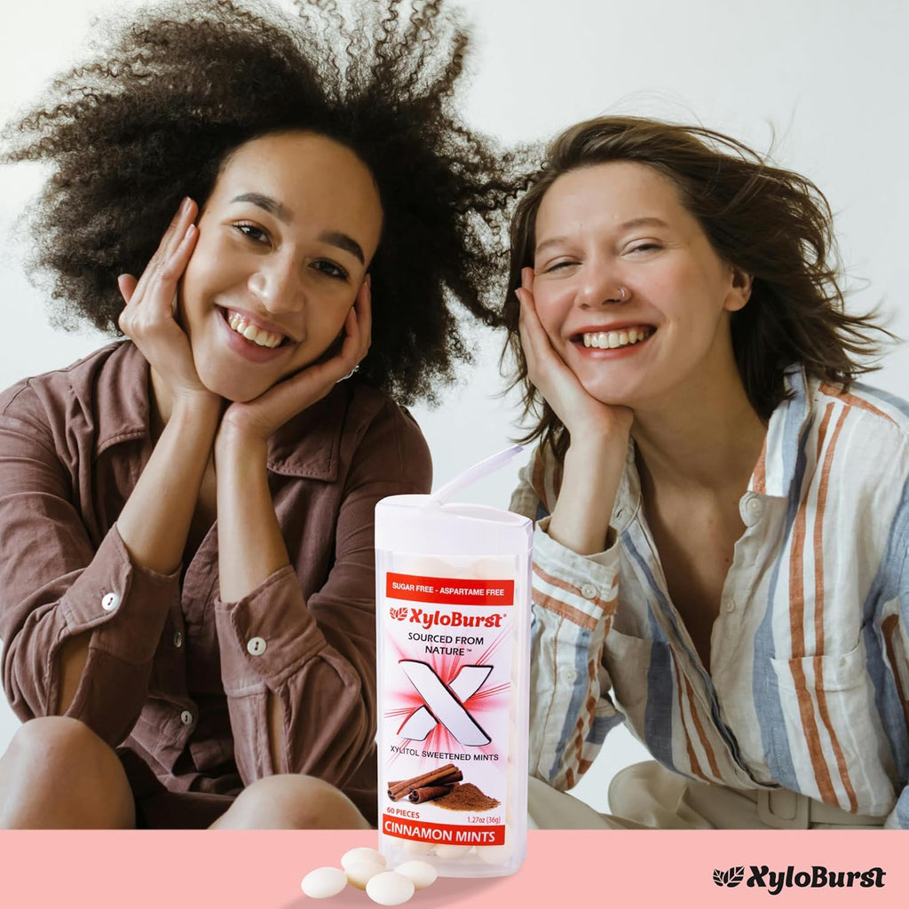 XyloBurst - Xylitol Mints | Sugar Free Breath Mints for Oral Health | Gluten Free, Vegan, Keto Friendly | Aspartame Free| Cinnamon | 60 Count Jar, 8-Pack