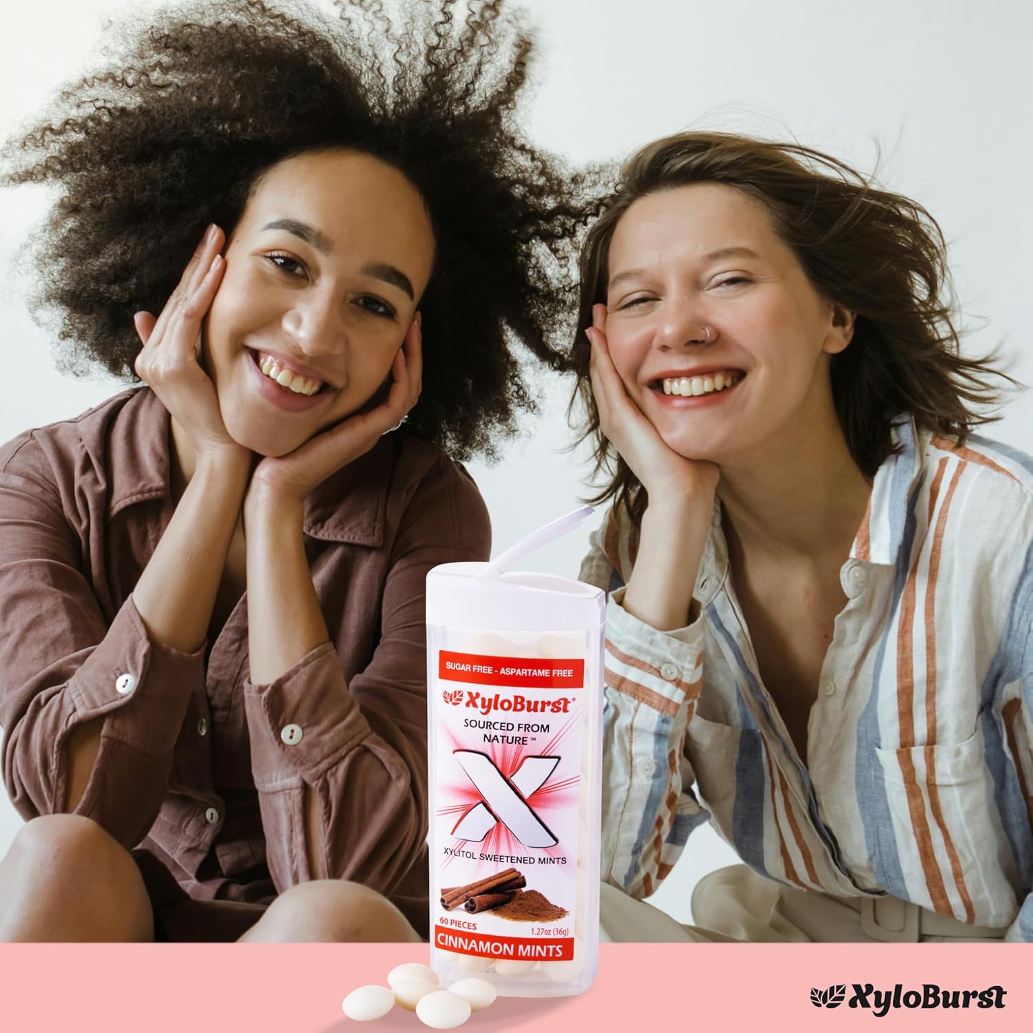 XyloBurst - Xylitol Mints | Sugar Free Breath Mints for Oral Health | Gluten Free, Vegan, Keto Friendly | Aspartame Free| Cinnamon | 60 Count Jar, 8-Pack