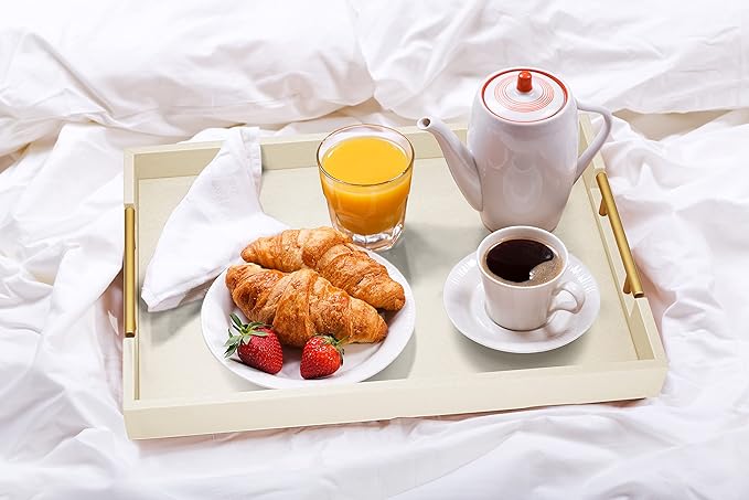 17" x 12" Wood Serving Tray with Gold Polished Metal Handles, Home Decorative Wooden Rectangle Ottoman Leather Decor Platter Bathroom Vanity Tray for All Occasions White