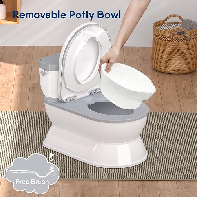 2-in-1 Toddler Potty Training Toilet - Larger Potty Chair & Detachable Training Seat for Boys & Girls Ages 1-3 with Flushing Sound, Wipes Storage, Toilet Paper Holder - Grey