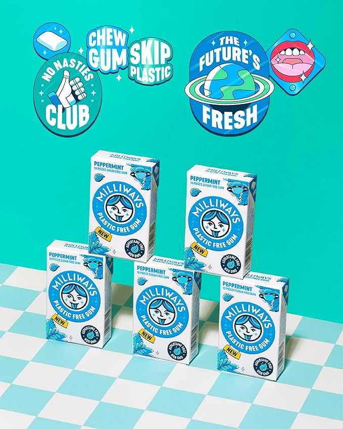 Milliways Peppermint | Plastic Free Gum | Xylitol, Aspartame-Free, Sugar-Free, Plant-Based, Natural Chewing Gum | 120 Pieces Total (12 Packs of 10 Pieces)