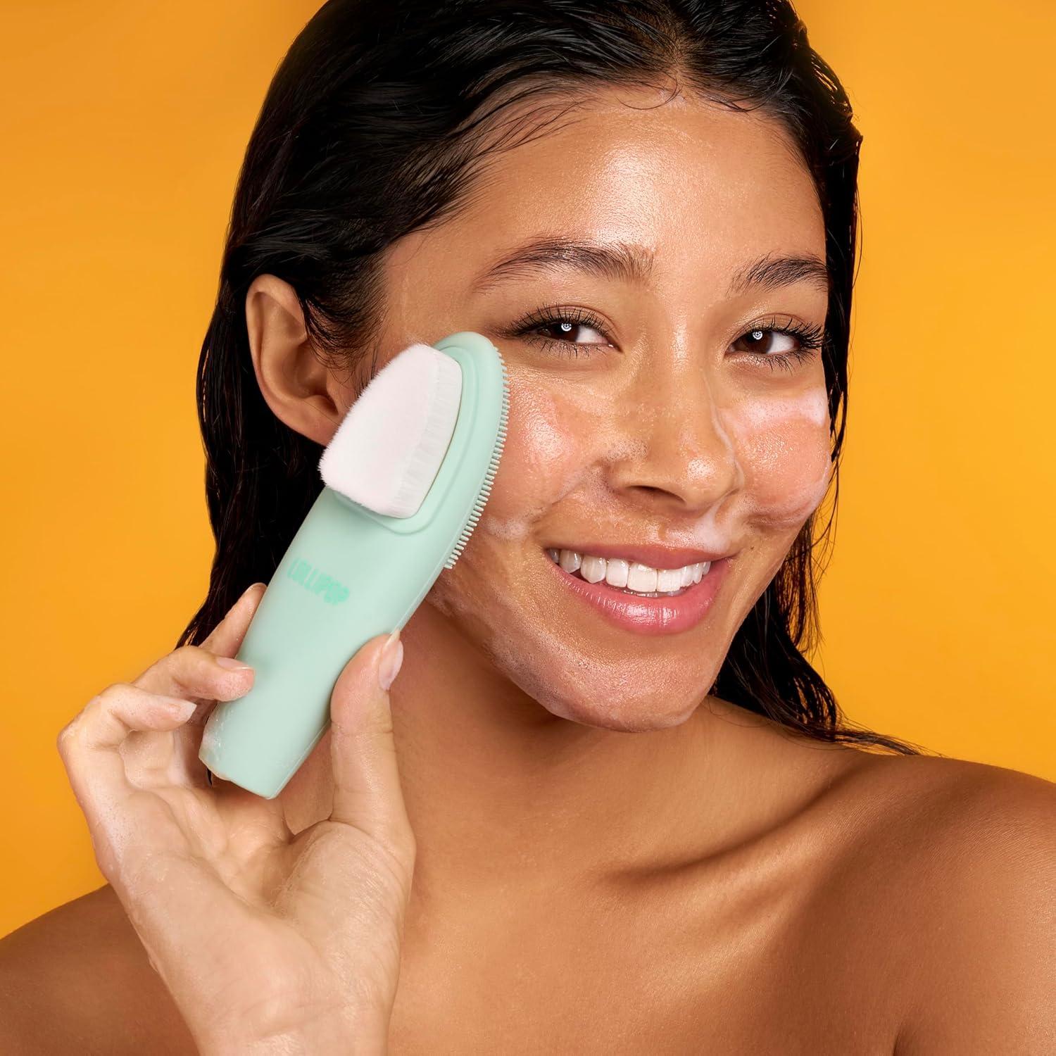 LOLLIPOP Dual-Sided Facial Cleansing Brush | Handle Size Silicone Face Exfoliator and Soft Fiber Cleanser | Manual Face Scrubber for Pores, Makeup Removal, Blackhead and Skincare Routine, Minty