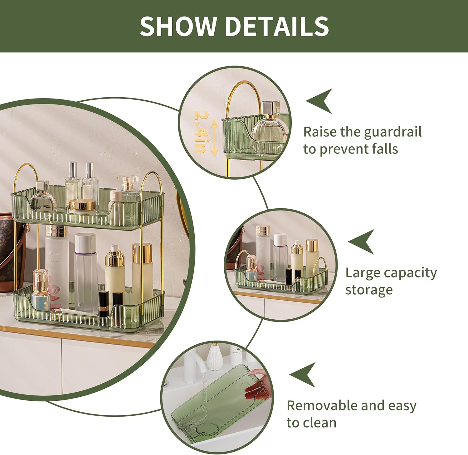YCIA&DONE Bathroom Organizer Countertop, Makeup Storage, Skincare Cosmetic Tray Shelf, Perfume Holder Rack for Vanity Counter, Large Capacity, Easy to Install, Clean, 2 Tiers, Vintage Green