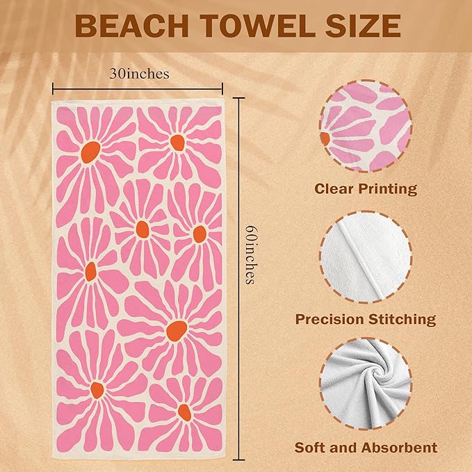 Pink Boho Floral Beach Towel, Flower Daisy Pool Towels, Vintage Boho Flowers Floral Daisies Large Beach Bath Travel Towels for Swimming Camping, Pink Bohemian Bathroom Accessories Decor,30x60in