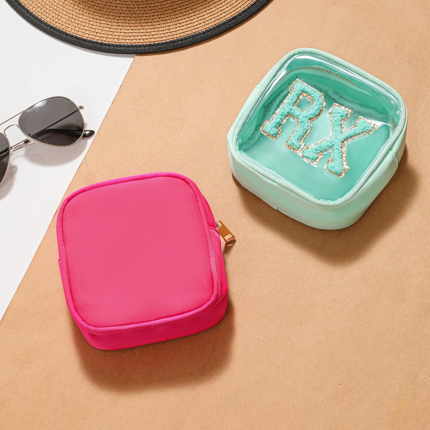 Small Chenille Letter Clear Medicine Makeup Bags,Nylon PVC Waterproof Rx Pouch with Metal Zipper, Cute Drug First Aid Travel Organizer for Women Girls(02Hot Pink)