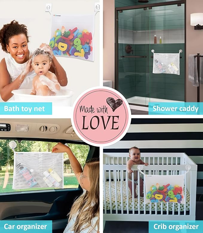2 x Bath Toy Net, Kids Bath Tub Toy Holder Basket, Corner Mesh Bag, Baby Bathtub Storage Organizer, Large Bathroom Bucket, Toddler Shower Caddy Hanging Bin with 6 Suction Cups, 4 Adhesive Wall Hooks