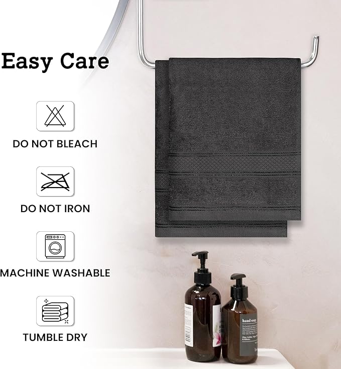 Casa Lino 100% Cotton Hand Towels for Bathroom - Soft, Highly Absorbent & Quick Dry Kitchen Towels - Gym Towel Set - Travel Towel Set - 24" x 16" - Pack of 4 - (Charcoal Black)