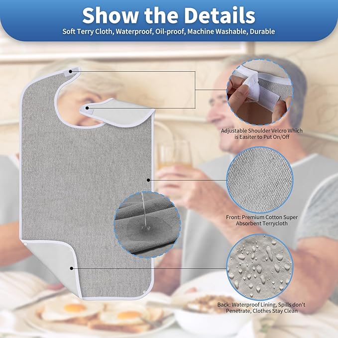3 Pack Premium Unisex Adult Bibs for Elderly Women Men, Waterproof Bib for Eating, Adjustable and Washable (Grey)