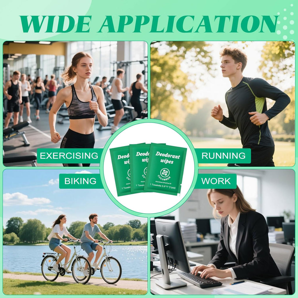 Travel Deodorant Wipes Individually Wrapped,Body Wipes to Clean Skin for Women Men（Cucumber,pack of 50)