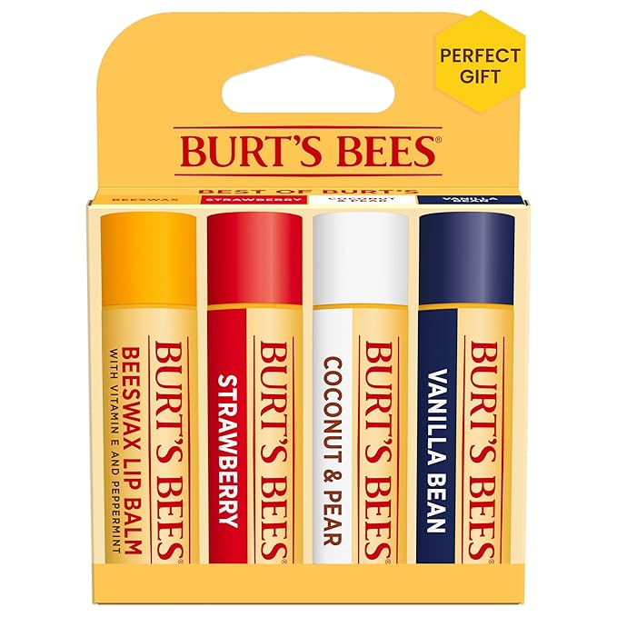 Burt's Bees Lip Balm, Beeswax, Strawberry, Coconut and Pear, and Vanilla Bean Pack, With Responsibly Sourced Beeswax, Tint-Free, Natural Lip Treatment, 4 Tubes, 0.15 oz.