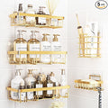 5 Pack Shower Caddy Organizer Rack Shelf for Inside Shower, Self Adhesive Wall Storage Basket Rustproof Stainless Steel Shampoo Holder Bathroom Accessory Decor Set, Gold