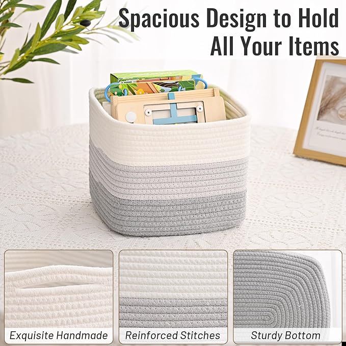 3 Pack Cube Storage Bin, 9”x9”x7” Cotton Rope Woven Baskets for Organizing Toys Clothes Towels, Square Gift Storage Baskets for Shelf, Nursery, Closet, Bathroom, Pantry (3-Tone Gray)