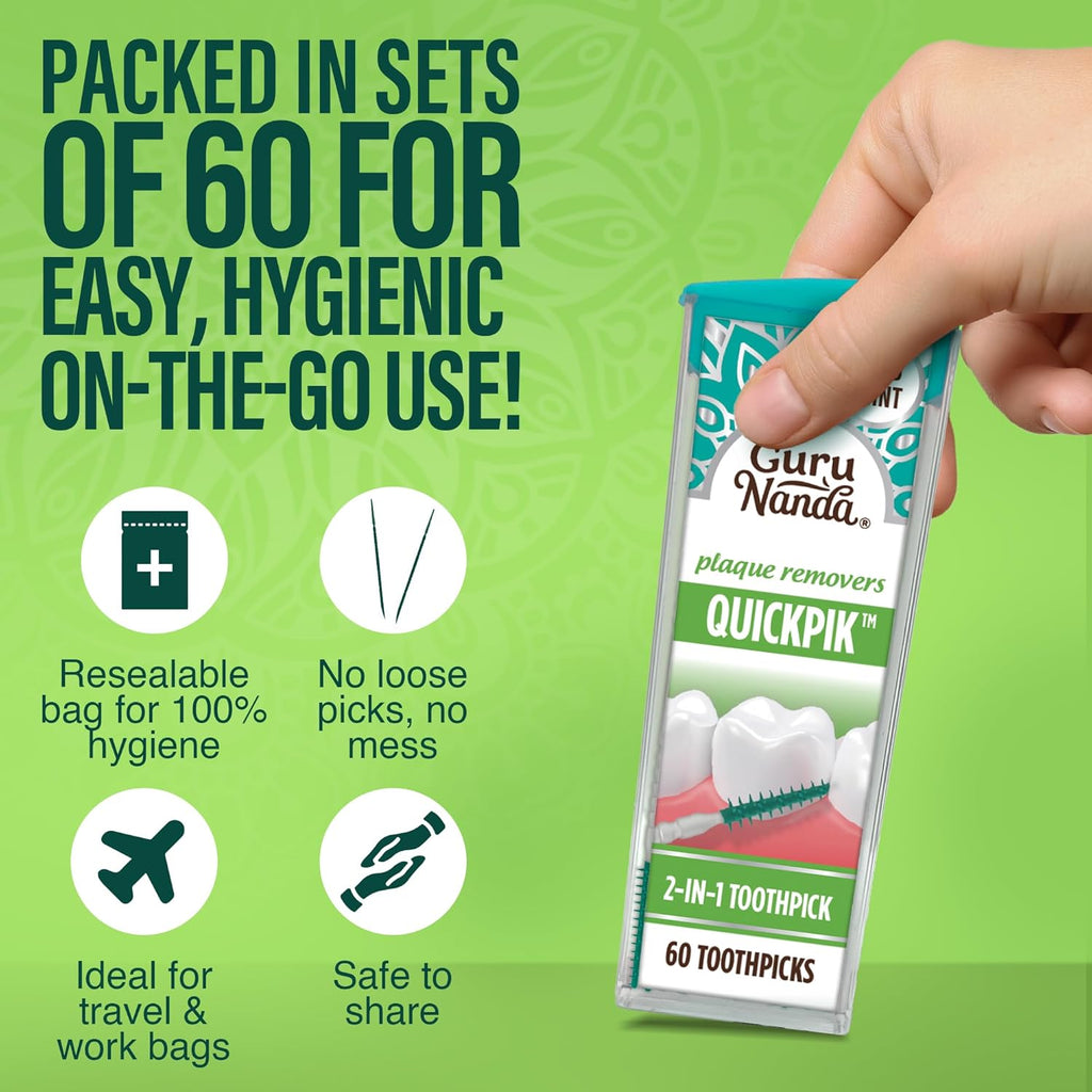 GuruNanda 2-in-1 QuickPik Toothpick & Interdental Pick – Soft Rubber Bristles for Plaque Removal & Improved Oral Care, Comes with a Travel Case for On-The-Go Use, 60ct