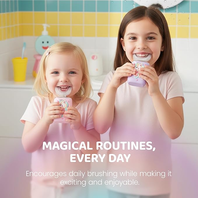 Well Before Ultrasonic Kid's U-Shaped Electric Toothbrush, IPX7 Waterproof, Five Cleaning Modes (Unicorn, Pink Ages 2-7)