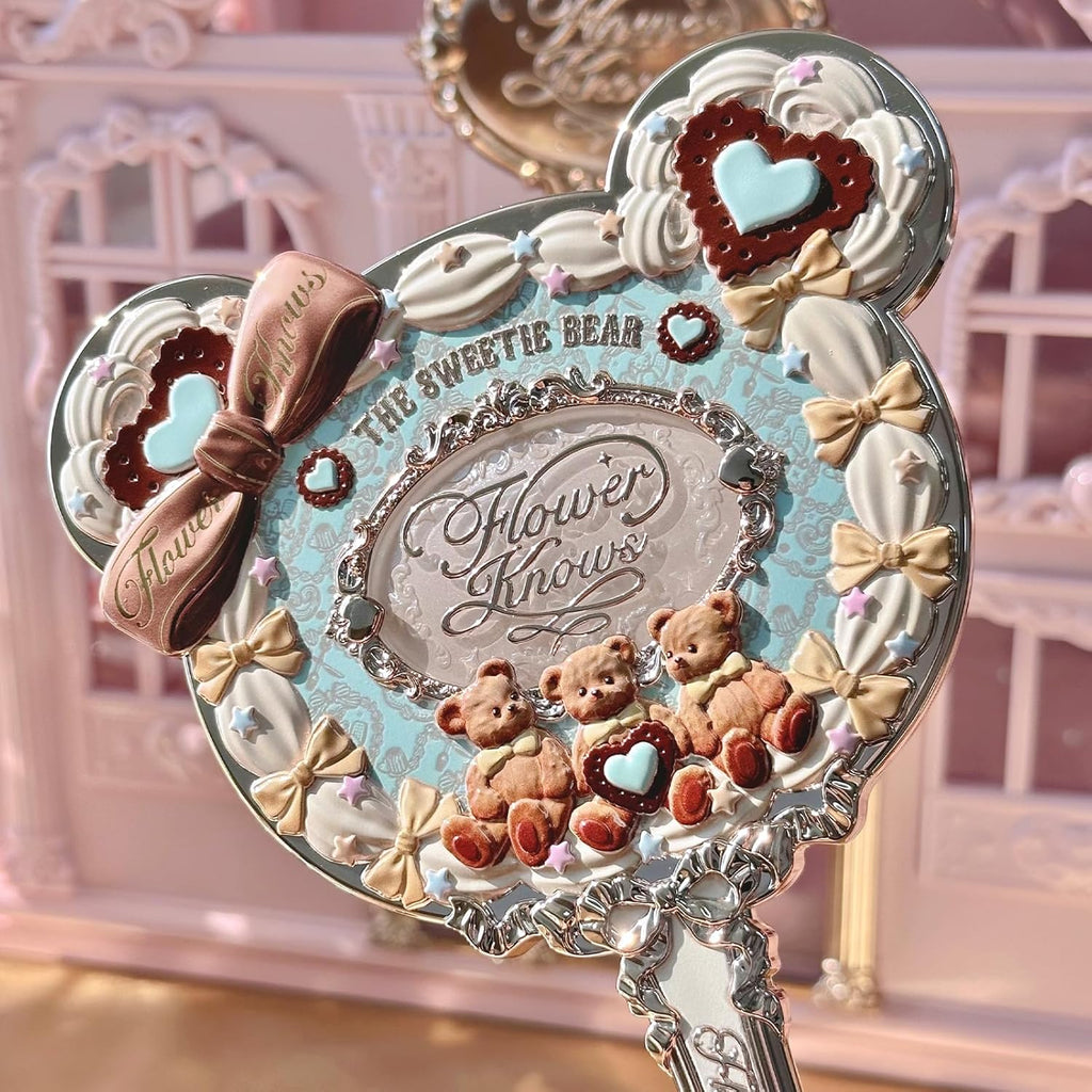 Flower Knows The Sweetie Bear Hand Mirror,Vintage Portable Handheld Mirror,Fancy & Pretty Princess Mirror with Long Handle,Gift for Girls(Minty Blue)
