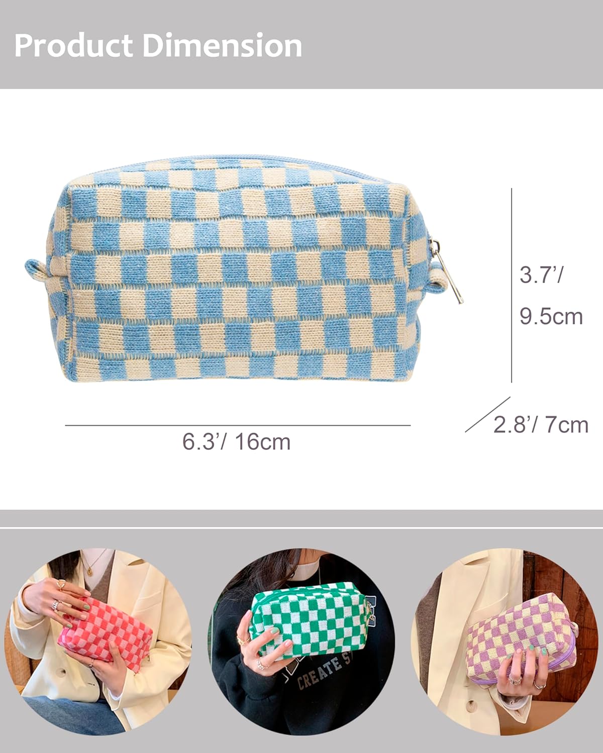 PAZIMIIK 2PCS Checkered Makeup Bag for Purse Portable Zipper Make Up Pouch Small Cosmetic Case for Travel Accessories Blue Beige