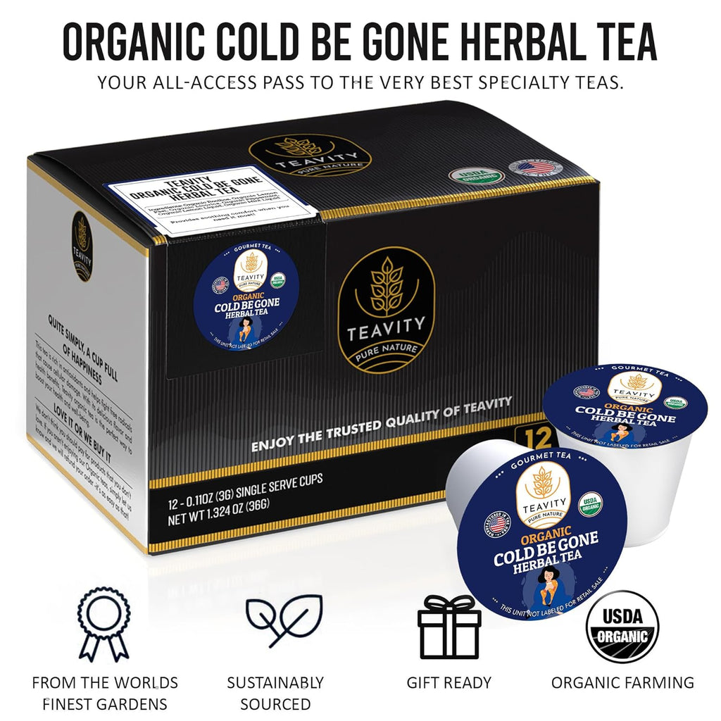 Organic Rooibos Tea Pods for Keurig with Lemon, Mint, Licorice - Unsweetened Decaf Tea for K Cup Brewing - Cold Be Gone by Teavity (12 Tea Pods)
