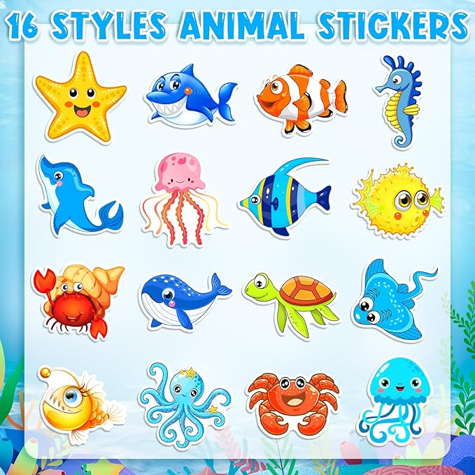 1200 Pcs Ocean Animal Stickers Roll Sea Animal Stickers for Kids Cute Roll Sticker Cartoon Fish Sticker Deals Sea Creature Labels for Teacher Reward School Supplies Incentives (16 Styles)