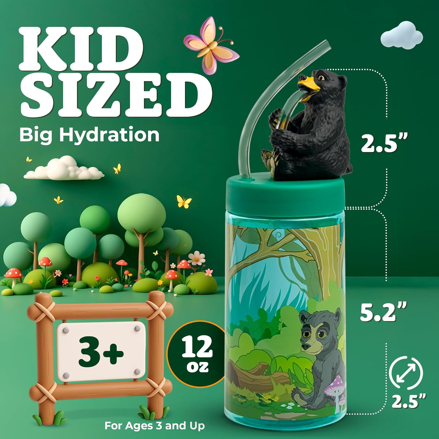 Regional Black Bear Cup, Water Bottle, Tumbler with Lid and Straw, Travel Sippy Cup for Water or Milk, Cups with Lids BPA Free Plastic, 12 oz