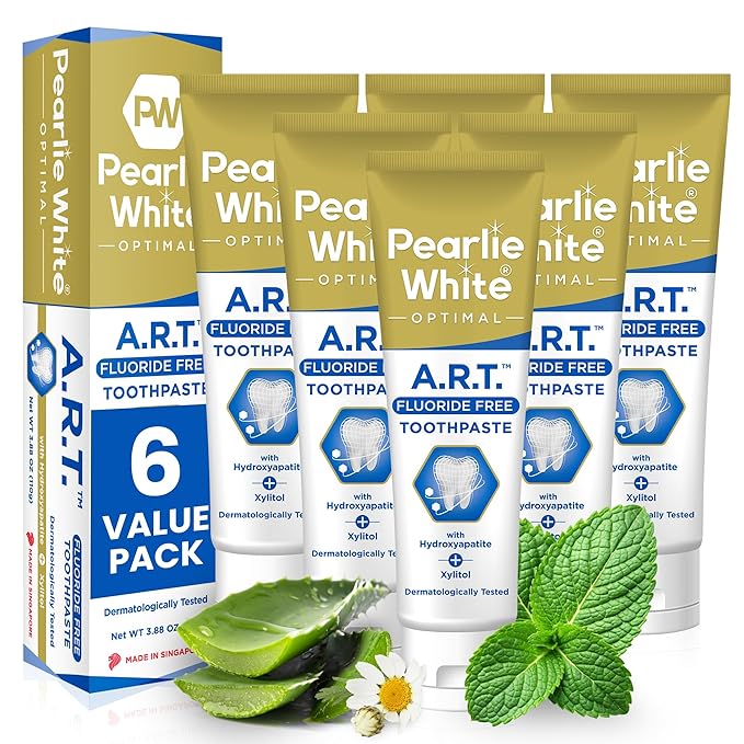 Pearlie White Active Remineralization Fluoride Free Toothpaste | 3.8oz/110gm | Remineralizing Toothpaste for Tooth Enamel Repair | Helps Remove Stains | Contains Hydroxyapatite and Xylitol | Pack of 6