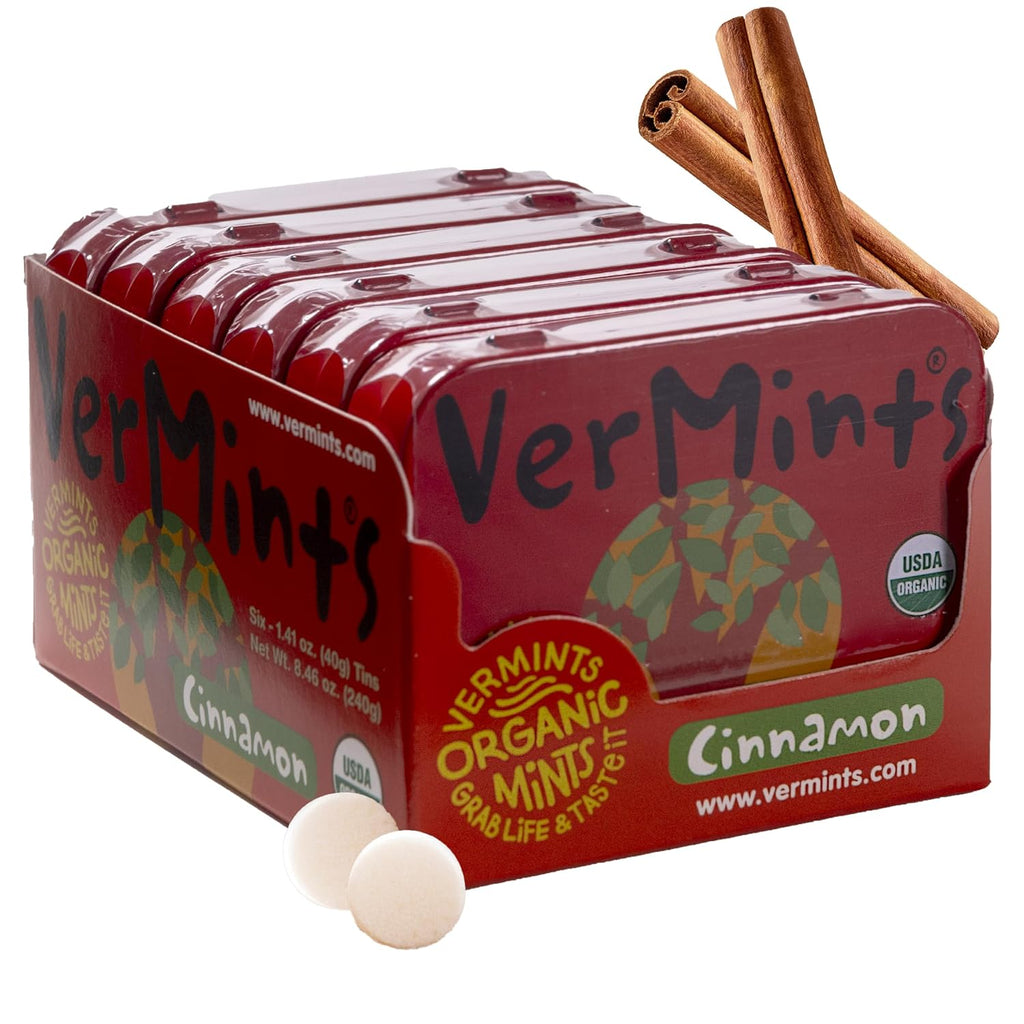 VerMints Organic Cinnamon Breath Mints - Real Lasting Cinnamon Refreshment - Travel Size Tin - Non-GMO, Nut Free, Gluten Free, Vegan & Kosher Organic Flavored Mints - 1.41 oz (6 Pack)