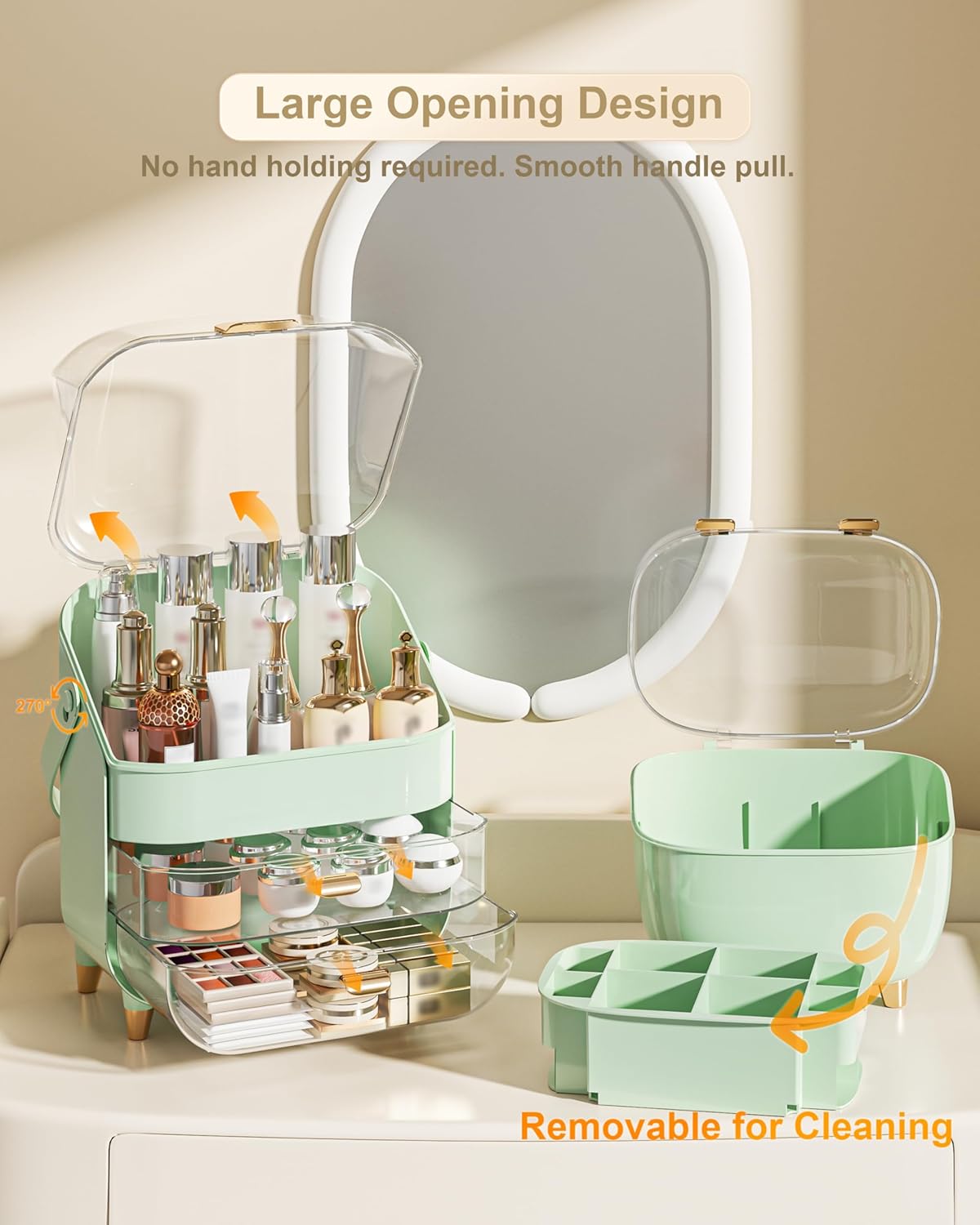 Makeup Organizer with Lipstick Holder, Skincare Organizers Storage Box Cosmetic Display Cases, Teen Girl Gifts Make up Organizers for Vanity, Dresser, Countertop, Bathroom(Green)