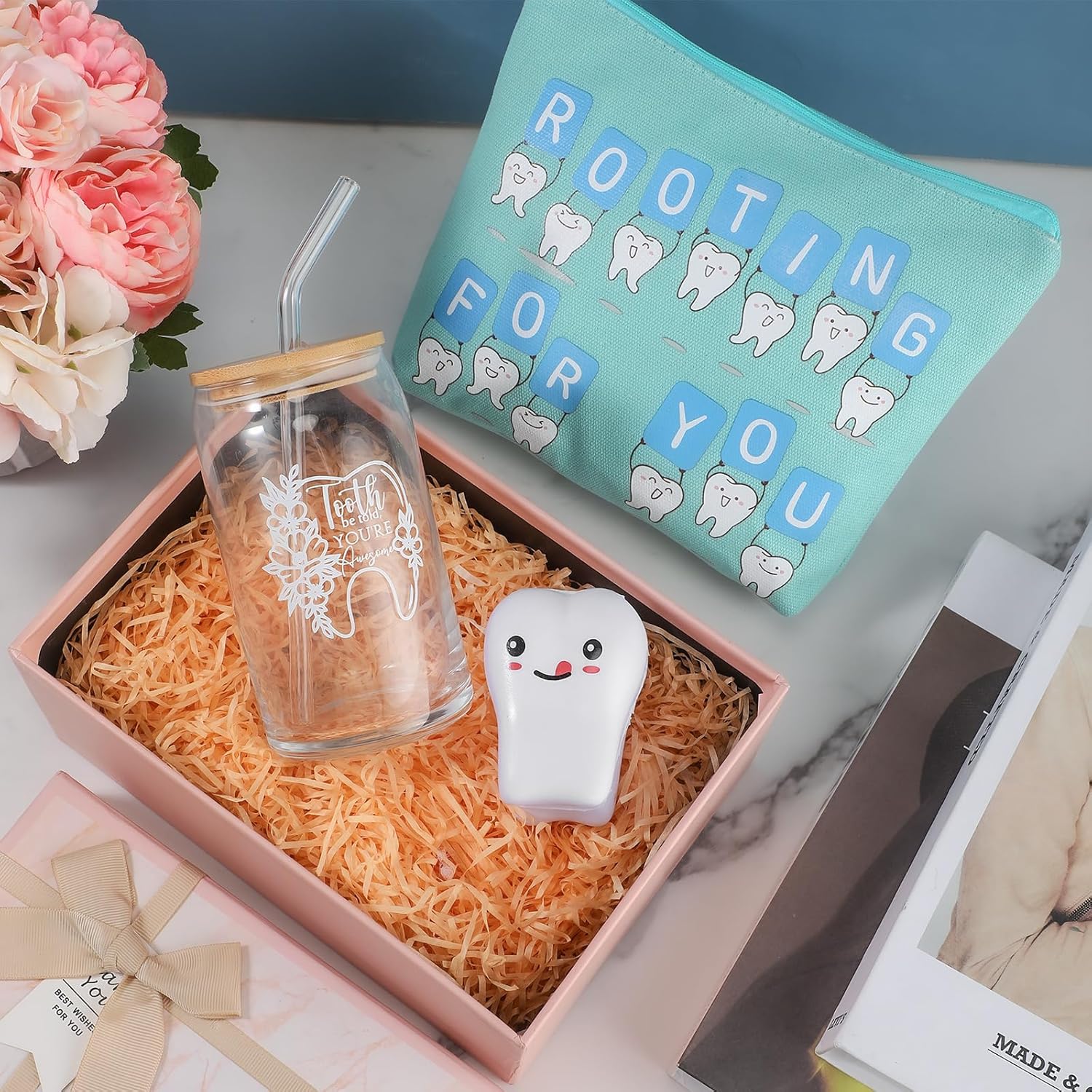 Sliner 3 Pcs Dental Hygiene Gifts Assistant Hygienist Gifts 16 oz Glass Cups Makeup Bag Teeth Stress Toy for Women Coworkers Nurse Dentist Retirement Graduation Christmas Birthday Gift(Multicolor)