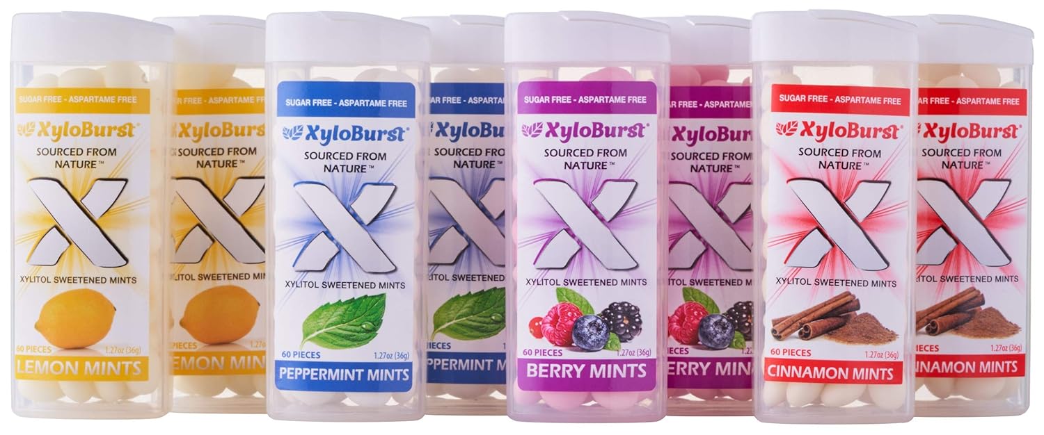 XyloBurst - Xylitol Mints | Sugar Free Breath Mints for Oral Health | Gluten Free, Vegan, Keto Friendly | Aspartame Free | Variety Pack | 60 Count Jar, 8-Pack