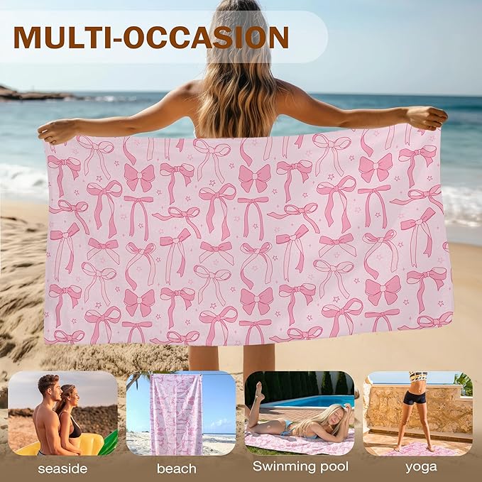 Pink Preppy Bow Beach Towel, Pink Girly Pool Towels, Preppy Coquette Bow Large Beach Bath Travel Towels for Teen Girls Women Swimming, Coquette Girly Bows Bathroom Accessories Decor, 30x60in