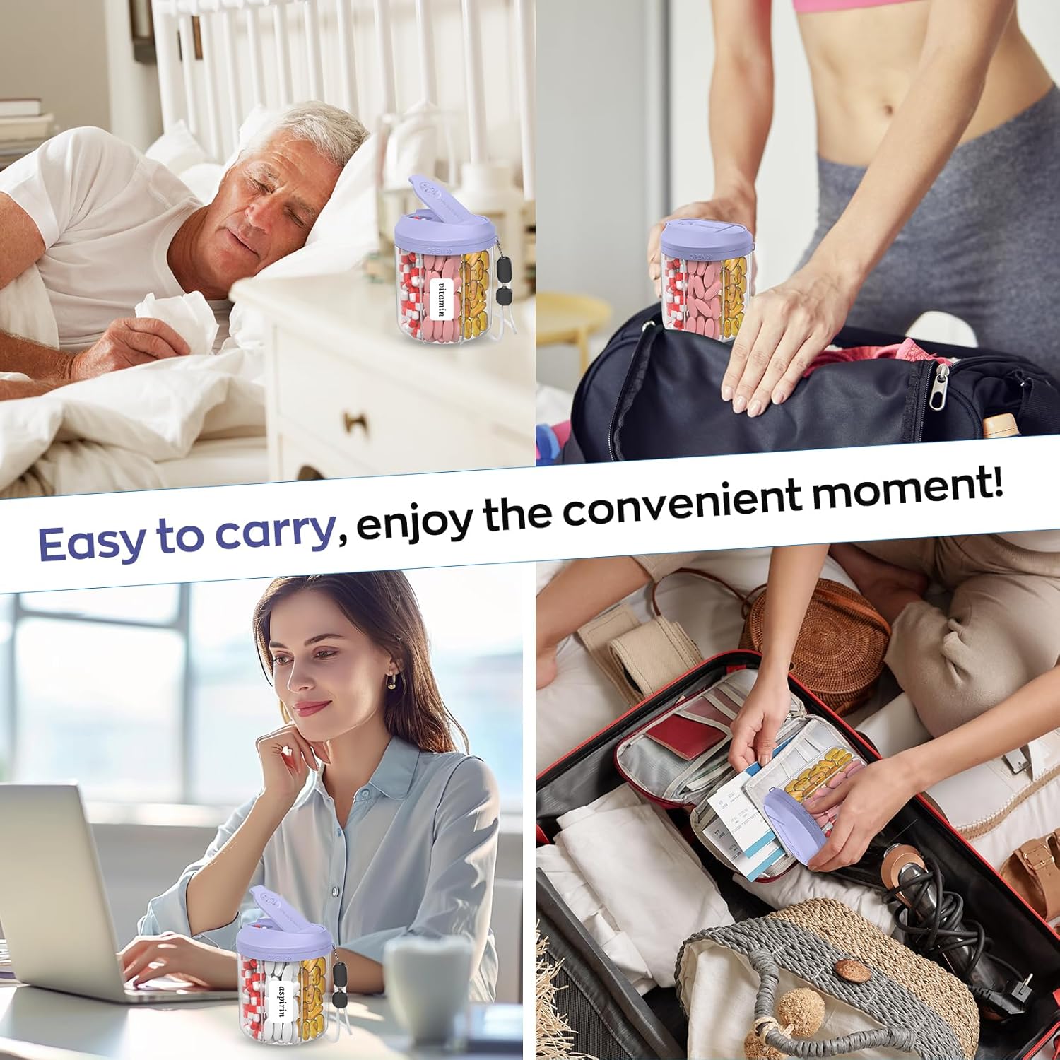 Pill Dispenser with 7 Large Compartments, Pill Organizer for Travel, Supplement Organizer with Anti-Mixing Design, BPA-Free Pill Container with 20 Pcs Labels, Purple