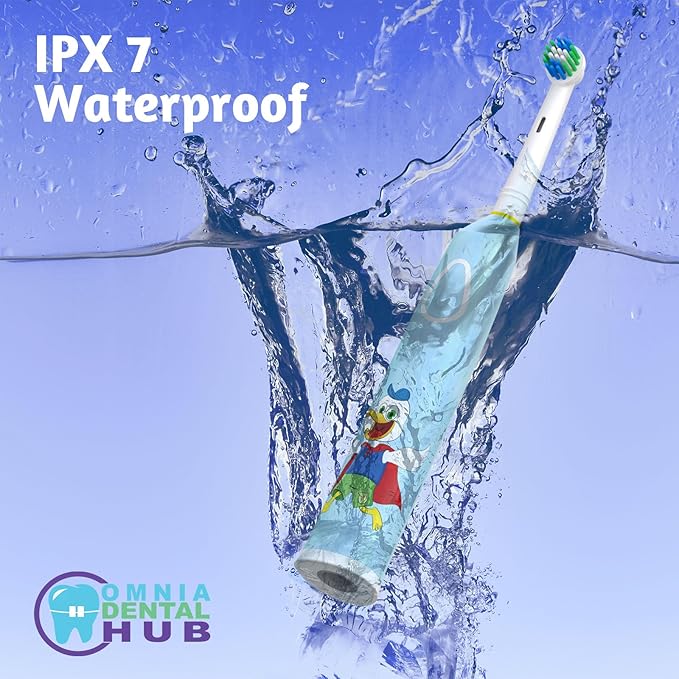 1PCs Rotating Kids Electric Toothbrush with 2 Brush Heads IPX7 by Omnia ONE | 3 Modes, Rechargeable 30 Days Battery Life, IPX7 Waterproof, USB Charger & Block Included, Fun & Effective Oral Care