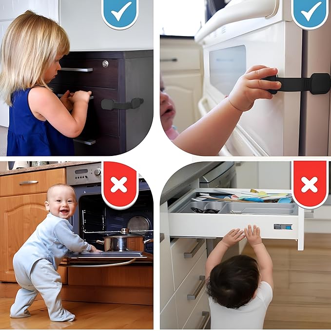 3M Adhesive Child Safety Strap Locks by Baby Proof Me, Baby Latches for Cabinets, Dishwashers, Fridges, Ovens and Trash Cans, Stain Free Toilet Lock (12 Safety Latches)