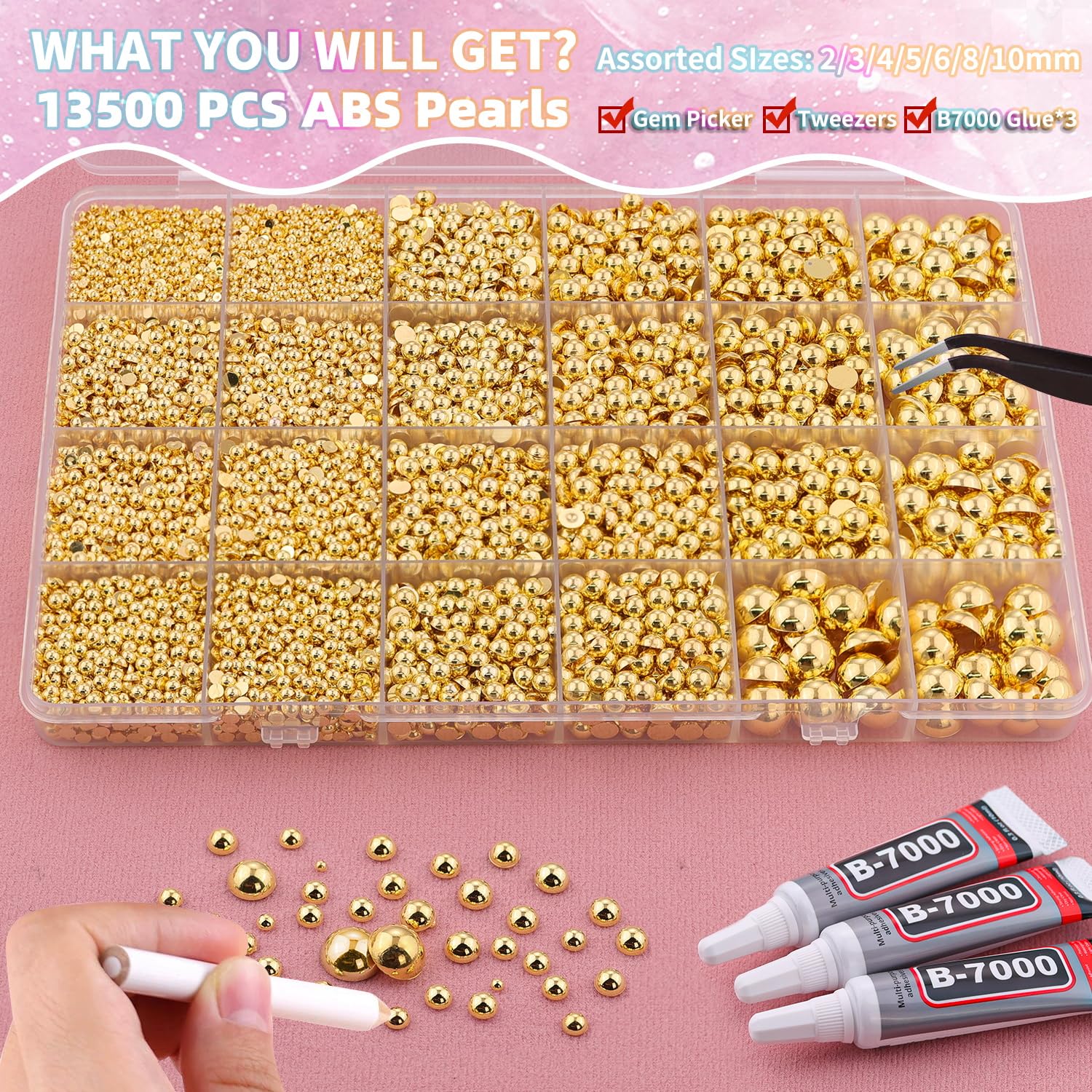 13500Pcs Flatback Pearls for Bedazzling (Gold) with 3Pcs B7000 Jewelry Glue, Assorted Size 2/3/4/5/6/8/10mm Half Pearl, Bedazzling Gems for Crafting Clothing Tumbler Shoes Embellishment Nail Art
