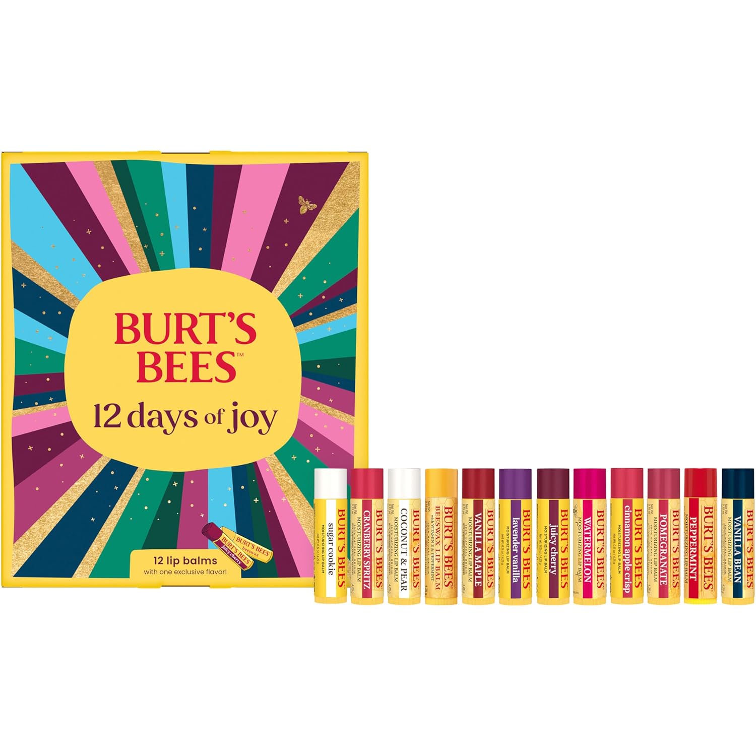 Burt's Bees 12 Days of Joy Lip Balm Advent Calendar Gift Set, Flavored Lip Balm Pack Great for Office Holiday Gifts, Tint-Free, Natural Origin Lip Care, 12 Tubes, 0.15 oz.