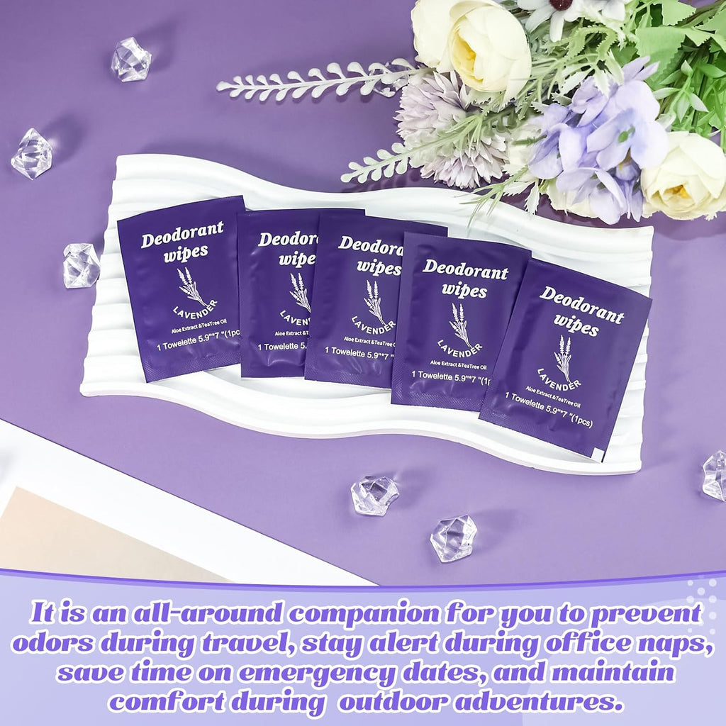 Travel Deodorant Wipes Individually Wrapped,Body Wipes to Clean Skin for Women Men（Lavender,pack of 50)