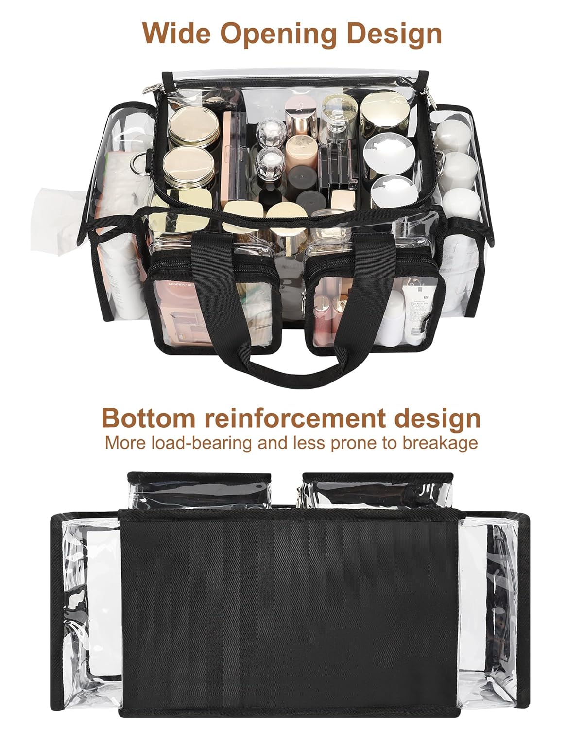 Relavel Clear Makeup Bag Professional Makeup Artist Kit Set Travel Cosmetic Organizer Case Transparent Stadium Approved Tote Bag Toiletry Lunch Duffle Work Shoulder Bag with Adjustable Dividers, Black