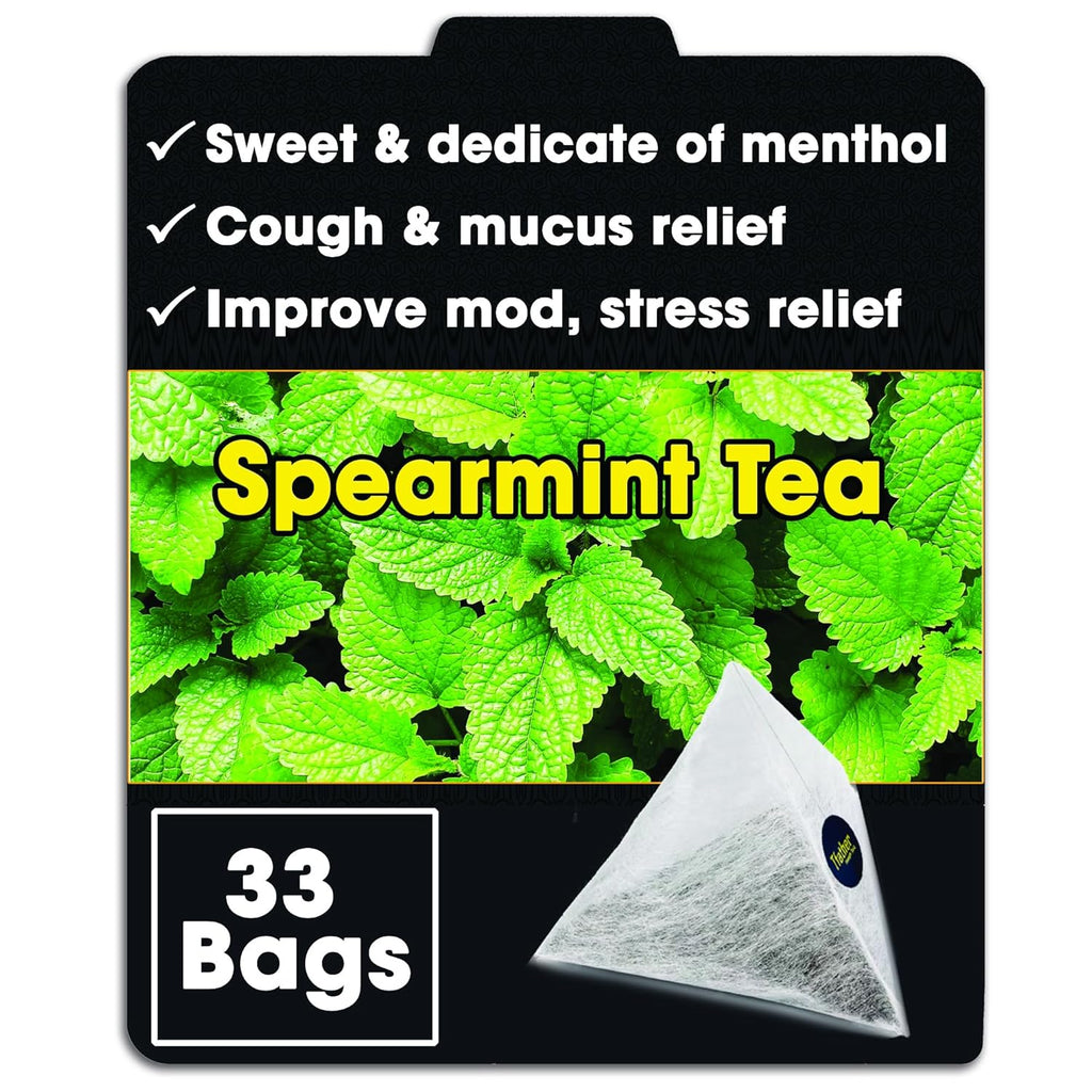 TFATHER Spearmint Tea Bags Pyramid with String - Sweet & Delicate of Menthol - Throat Soothing for Cough & Mucus Relief, Stress Relief, Digestion & Immune Support - Premium Spearmint Leaves