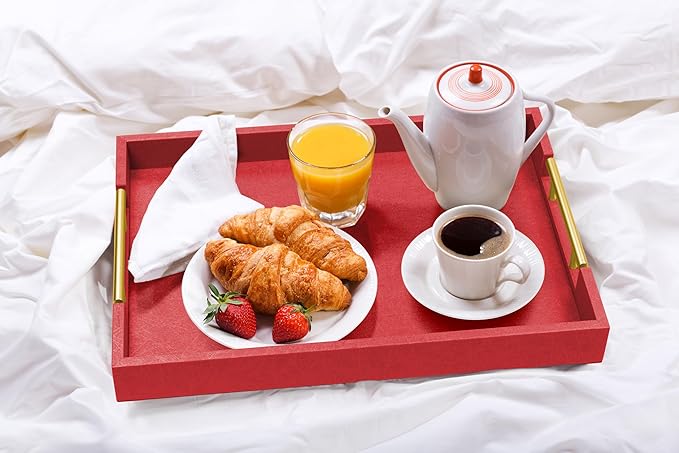 17" x 12" Wood Serving Tray with Gold Polished Metal Handles, Home Decorative Wooden Rectangle Ottoman Leather Decor Platter Bathroom Vanity Tray for All Occasions Red