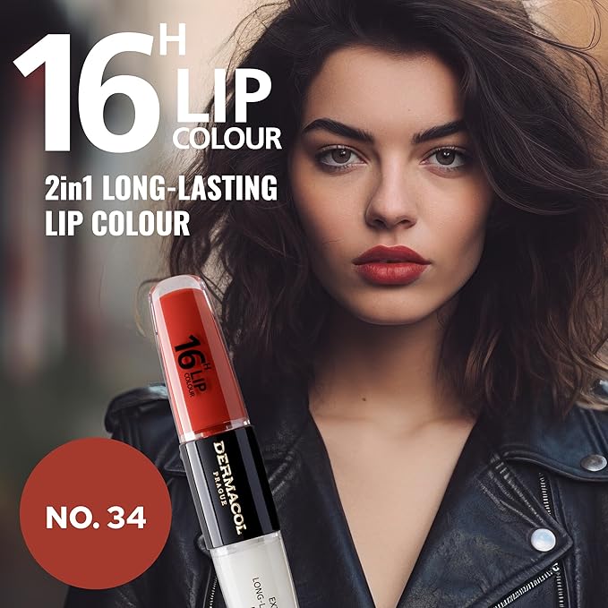 Dermacol NEW 16-Hour Lip Colour, Highly Pigmented Glossy Lip Stain, Two-Phase Lip Plumper Gloss, Kissproof Lip Makeup Products with Matte and Glitter Finish, n. 34