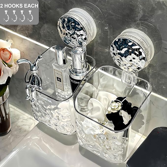 2 Pack Suction Cup Shower Caddy, Wall Mounted Suction Electric Toothbrush Holder for Bathroom, Clear Shower Rack with 2 Movable Hooks, Toothpaste and Razors Shower Organizer